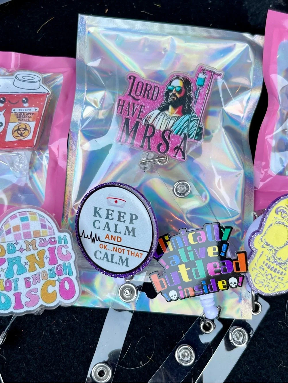 Holographic Nurse Badge Reel with Pink Accents set of 7 new badge reels
